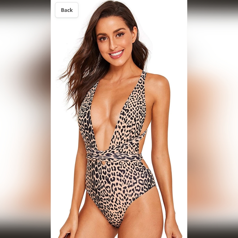 Sweaty Rocks Bathing Suit-Criss Cross Tie Knot Front Deep V OpenBack Leopard 1pc